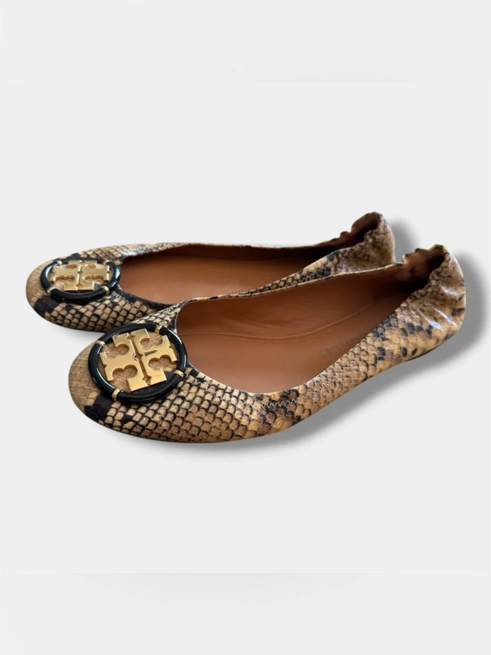 Tory Burch Snake Print Flats Gold Logo Medallion Ballet Shoes Women’s 10M